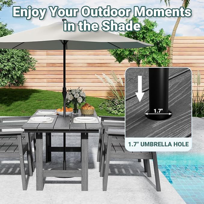 Pamapic 5-Piece Outdoor Dining Set, HDPE Outdoor Rectangular Table and 4 Chairs, Wood Grain Patio Furniture Sets with Armrest, All-Weather Patio Dining Table with Umbrella Hole, Gray - Image 2