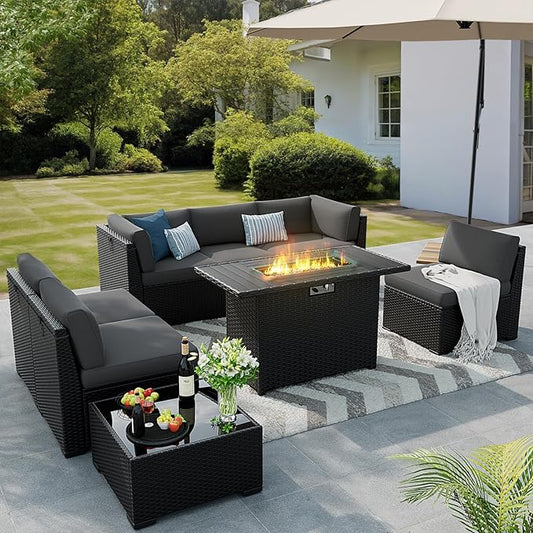 8 Pieces Outdoor Patio Furniture Set with 44" Fire Pit Table Black Rattan Sectional Conversation Sets w/Gas Fire Pit, Coffee Table, 1 Waterproof Covers, Dark Grey