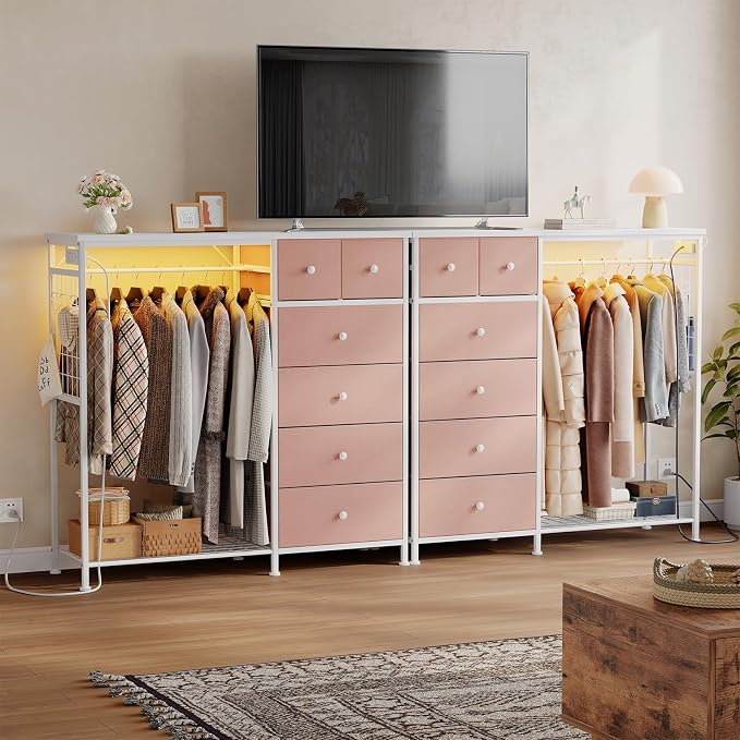 DUMOS Dresser for Bedroom with Hanging Rack, 6 Drawer Fabric Dresser with Charging Station and LED Lights, Closet Organizer & Storage Tower for Living Room, Entryway, Apartment, Pink - Image 9