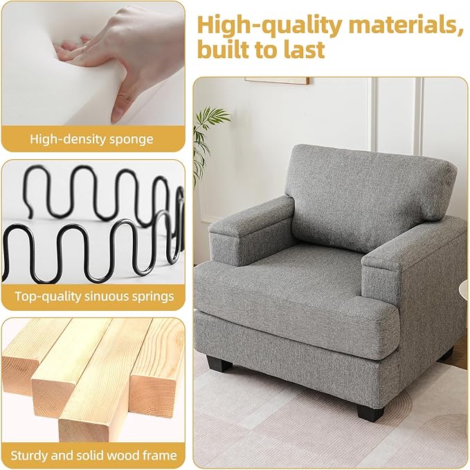 Oversized Living Room Chairs Set of 2,Comfy Accent Chair with Armrest Organizer,Upholstered Armchair Thick Cushion,Big Reading Chair,Sofa Chair for Bedroom,Linen,Dark Gray