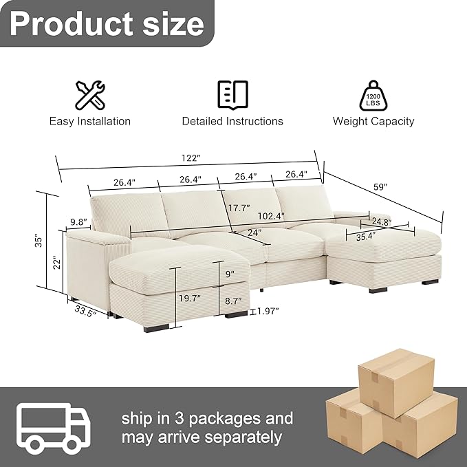 122" Oversized Modular Sectional Sofa Cloud Couch with 2 Ottomans, Comfy Corduroy Upholstered Deep Seat Large U Shaped Lounge Sofa&Couches with Hidden Arm Storage Box