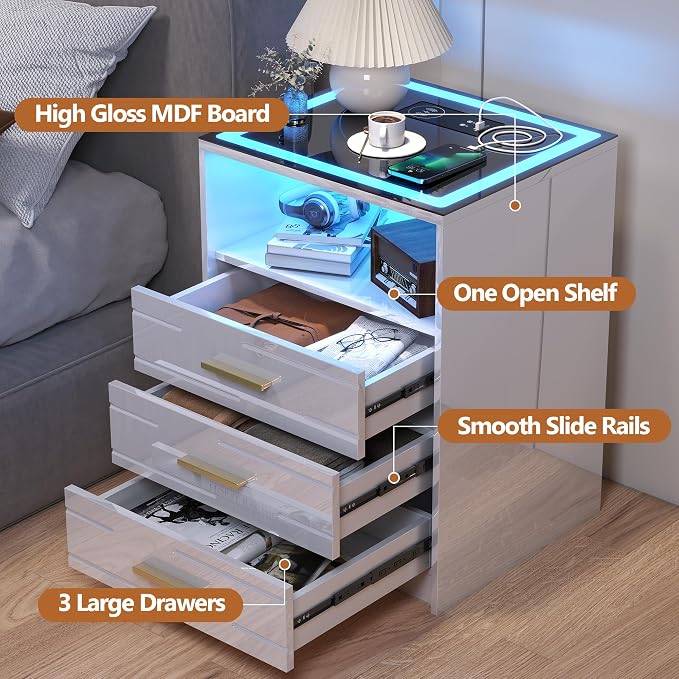 High Gloss LED Nightstand with Charging Station & 3 Color Dimmable Light Modern for Bedroom White, Smart Bedside Table with 3 Drawers & USB Type-C Port for Home - Image 8