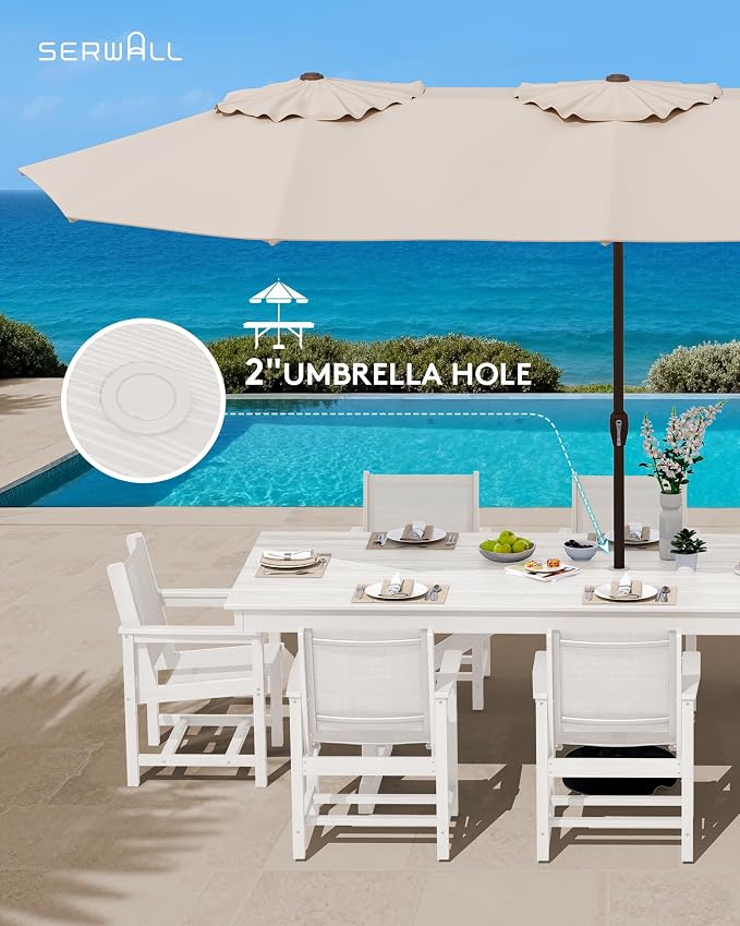 SERWALL 9 Piece Outdoor Dining Set, 84" HDPE Outdoor Large Table and Textilene Sling Chairs for 8，All Weather Patio Dining Furniture Set with Umbrella Hole for Backyard, Garden, White - Image 5
