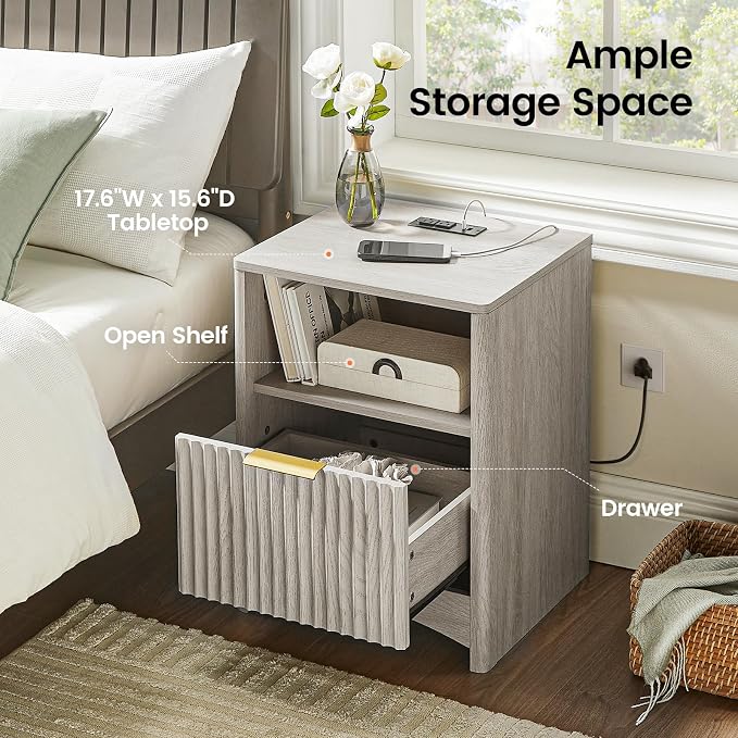 Amada Fluted Nightstands with Charging Station, End Table with USB Ports & AC Outlets, Wood Side Table for Bedroom, Deep Drawer & Storage Shelf, Set of 1, Grey - Image 6