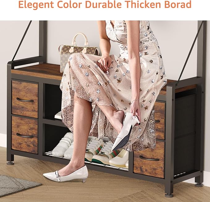 39" Hall Tree with Storage Coat Rack freestanding Entryway Furniture Bench, 5 in 1 Design Front Door Shoe Rack and Wall Rack Hooks, and 4 Drawers (Rustic Brown) - Image 5