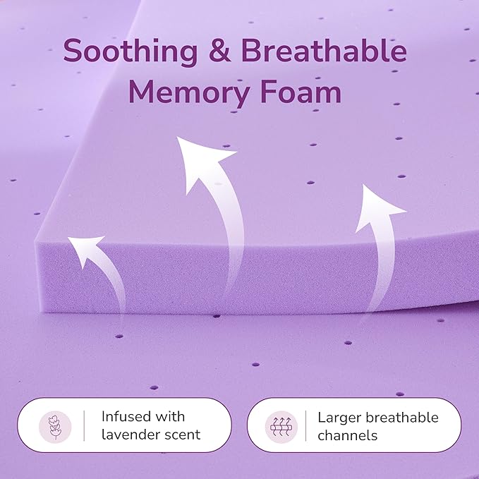 3 Inch Queen Lavender Infusion Memory Foam Mattress Topper for Relaxing Sleep, Ventilated & Pressure Relieving, CertiPUR-US Certified, Medium Firm Topper in a Box, Queen Size, 60"x80"