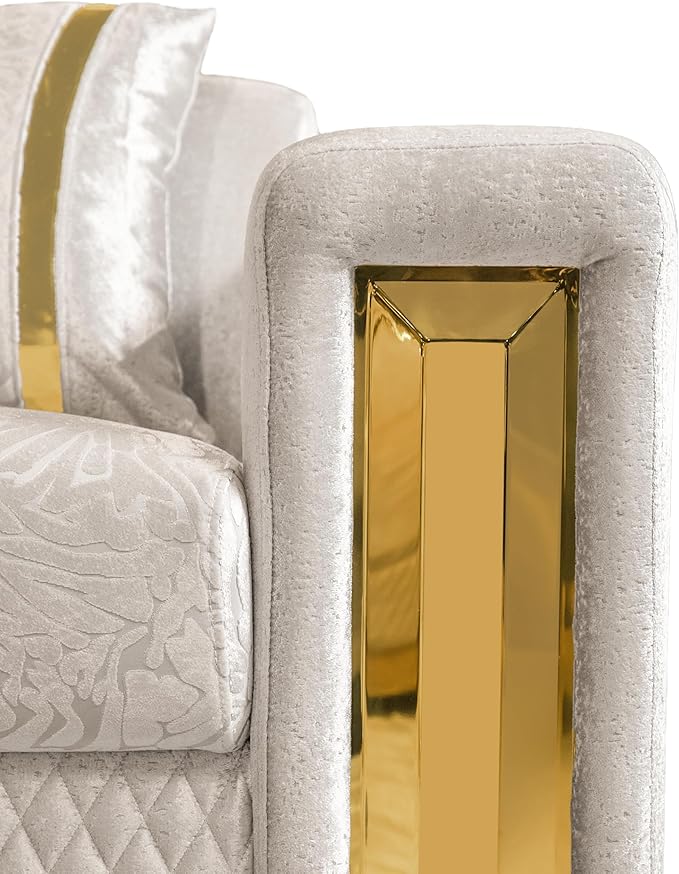 Furniture of America Samison II Glam Solid Wood Upholstered Couch with Accent Pillows, Damask Pattern and Gold Base, Comfortable Sofa for Living Room, Bedroom, Office, Beige