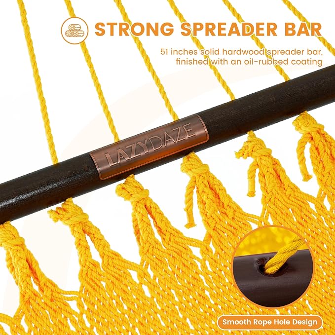 Lazy Daze Hammocks 10.5 FT Double 2 Person Caribbean Rope Hammock, Hand Woven Polyester Hammock with Spreader Bars, for Outside Outdoor Backyard Patio Poolside, 450 LBS Capacity, Yellow - Image 5