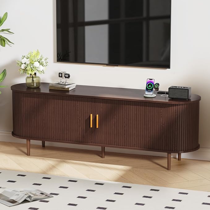 DHH 63 Inch Mid Century Modern TV Stand with Power Outlet for TVs up to 70 Inch, Entertainment Center with Storage and Adjustable Shelves, Media Console with Sliding Doors for Living Room(Walnut) by DHHFurnitureBuyNow
