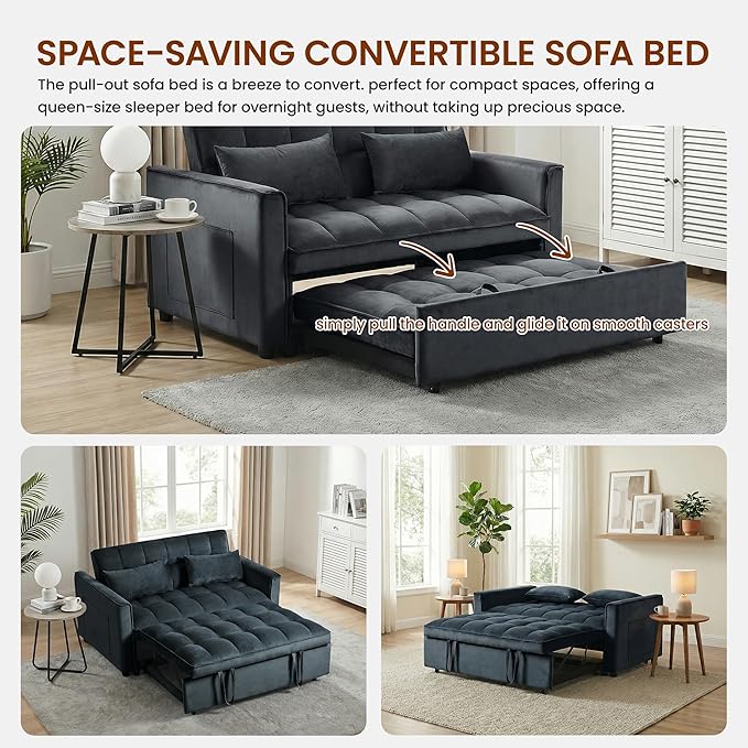 63" Sleeper Sofa with Pull-Out Bed, 3-in-1Folding Convertible Loveseat Sofa Bed with Side Pockets, Adjustable Backrest, Premium Velvet Fabric Futon Couches for Living Room