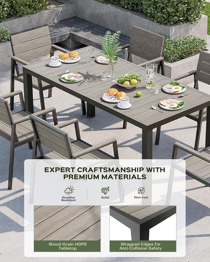 Vexwalx 67" HDPS Outdoor Patio Dining Table, Aluminum-Edged Outdoor Dining Table with Umbrella Hole, Weather-Resistant for Lawn, Garden, Poolside and Indoor Use, Gray - Image 2