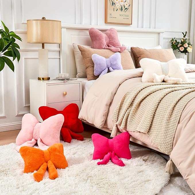 XVTRU Hot Pink Bow Pillow, Soft Bow Decorative Pillows with Faux Rabbit Fur, Cute 16" Bow Throw Pillows, Aesthetic Home Decor Bow Shaped Plush Pillow for Bedroom Sofa Couch