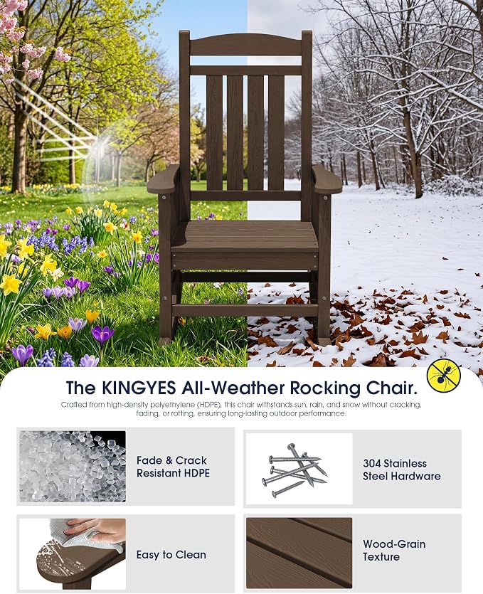 KINGYES Oversized Outdoor Rocking Chair Set 2, All Weather HDPE Patio Rocking Chairs for Adults, Coffee Brown - Image 5