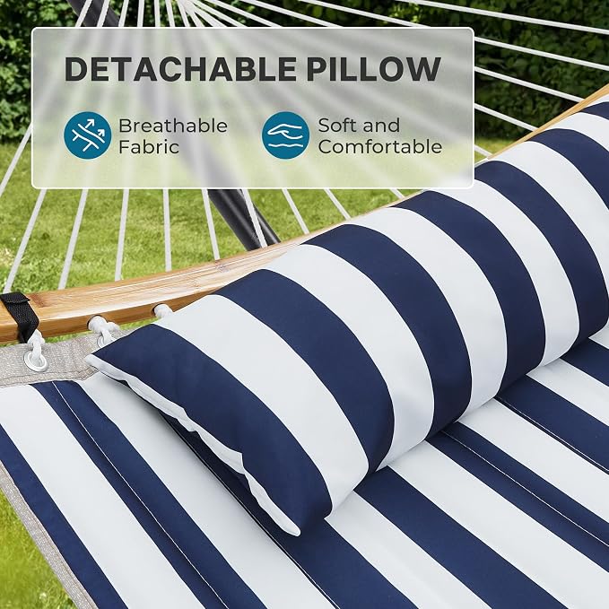 SUPERJARE Curved-Bar Hammock with Stand, 2 Person Heavy Duty Hammock Frame, Detachable Pillow & Portable Carrying Bag, Perfect for Outdoor & Indoor, Denim Blue with White Stripes - Image 4