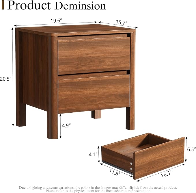 Furniway Mid Century Walnut Nightstand with 2 Drawers, Modern Wooden Bedside Table with Hidden Handles and Solid Wood Legs for Bedroom - Image 2