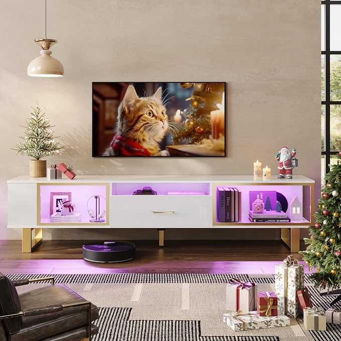 Bestier TV Stand with LED Light for TVs up to 80 Inch, Modern Entertainment Center with Open Storage and Half-Glass Design Drawer, High Gloss Media Console Table for Living Room Bedrom, White and Gold - Image 5