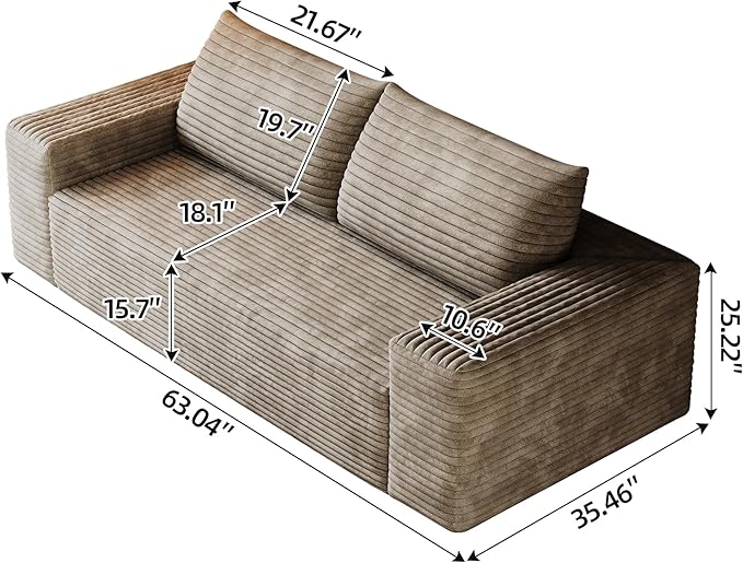 Ball & Cast 63" Loveseat Sofa with Deep Seat,Memory Foam,2 Seater Floor Couch with Corduroy Fabric,No Assembly,Cloud Sofas Couches for Small Spaces Living Room Bedroom Apartment,Easy to Move,Camel