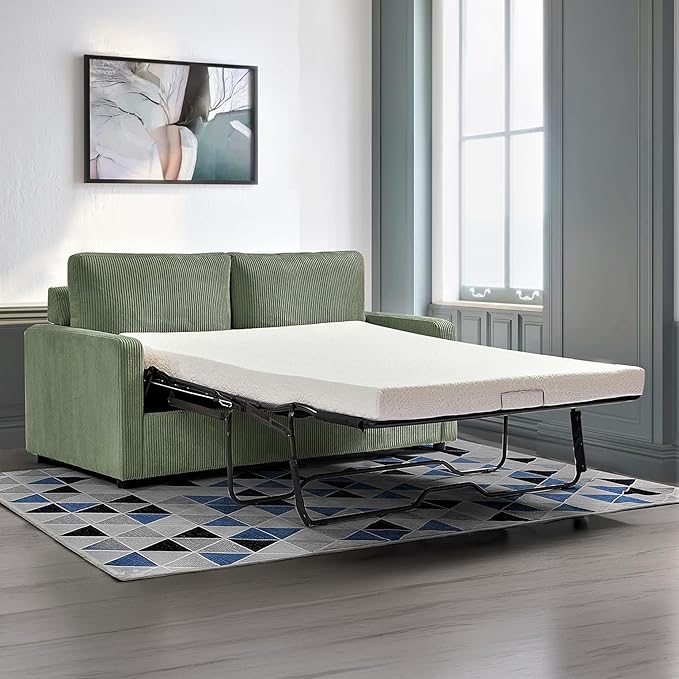 Reversible Sleeper Sofa Bed with Comfortable Memory Foam Mattress, Convertible Corduroy Full Size Pull Out Couch for Living Room, Space Saving Furniture, 70" Wide, Rectangular Arms, Dark Green