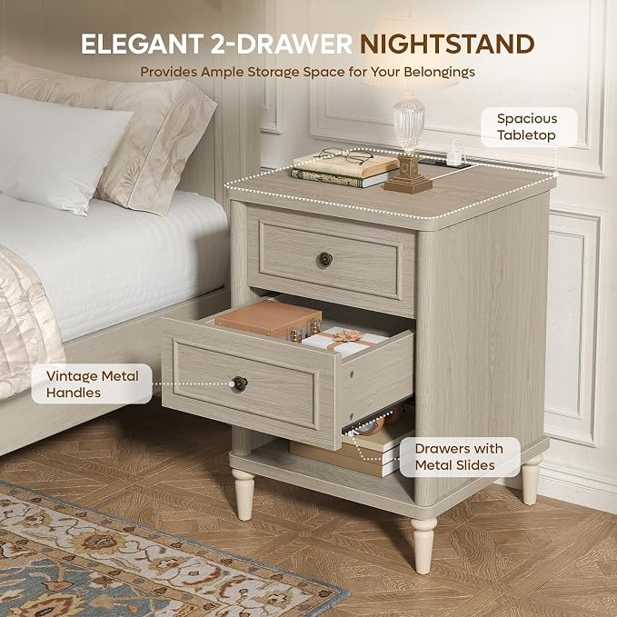 Bestier Night Stand with Charging Station, 26.7" H Farmhouse Nightstand with 2 Drawers & Open Shelf, Solid Wood Nightstand with AC Outlets, USB & USB-C Ports, Bed End Tables for Bedroom, Cream Oak - Image 4