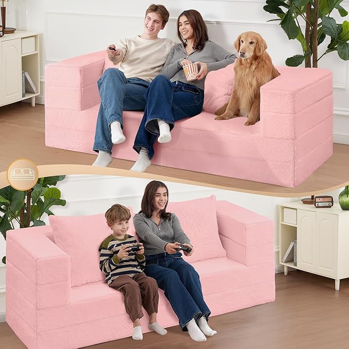 Futon Sofa Bed with Pillow, 3-in-1 Sleeper Sofa Bed with Removable Cover, Convertible Floor Sofa Bed, No Assembly Boneless Couch for Living Room, Bedroom