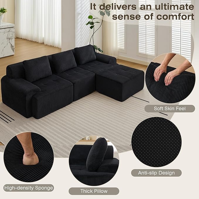 Modular Sectional Sofa, 6 Seat Modular Couch, Modular Sofa with Deep Seat and Detachable Pillow (Black, 4 Pieces-L Shape)
