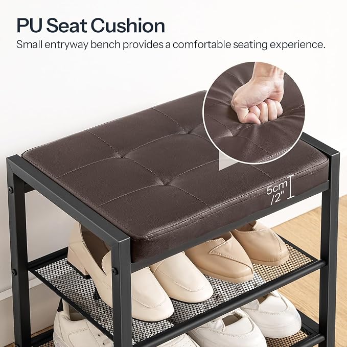 HOOBRO Small Shoe Bench, 3-Tier Shoe Rack, Shoe Storage Bench with PU Seat Cushion, Entryway Shoe Rack Bench with Metal Mesh Shelves, Freestanding Shoe Organizer for Hallway, Brown CB33HX01 - Image 6