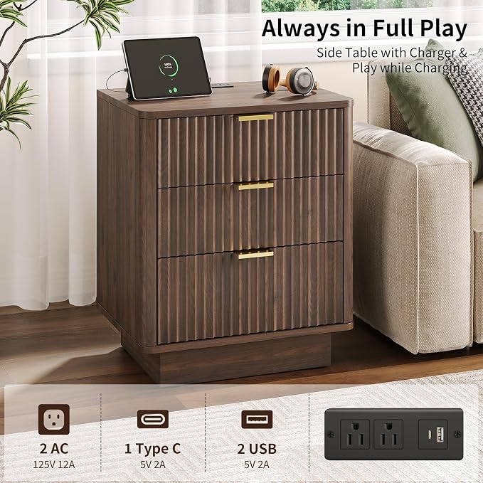 GOLDDAY Nightstands Set of 2 with Charging Station & LED Light, 3-Drawer Bedside Table with Outlets, Modern End Table with Open Shelf, for Bedroom, Home Office, Walnut - Image 5