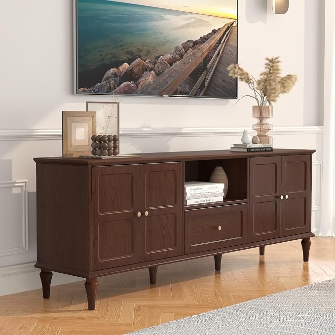 ARTPOWER 67'' Mid-Century Modern TV Stand with Storage Drawer and Doors, Long TV Stand with Adjustable Shelves for 75 Inch TV for Living Room, Bedroom, Brown - Image 2