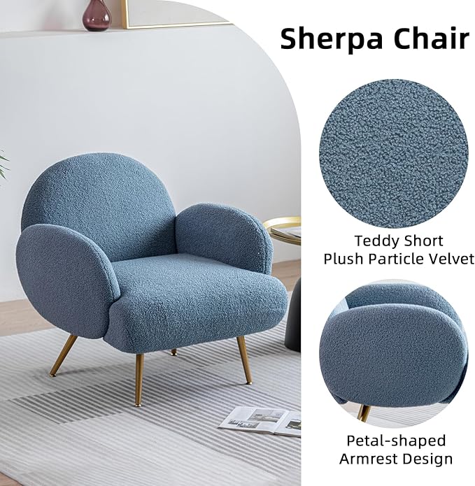 Blue Accent Sherpa Chair Comfy Modern Living Room Chair Teddy Fabric Mid Century Bedroom Chair with Golden Legs Arm Chair for Reading Bedroom Single
