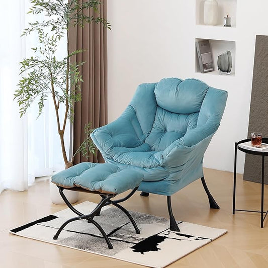 Furlide Lazy Chair with Ottoman, Modern Accent Chairs with Folding Footrest, Velvet Light Blue Sofa Chair Set, Reading Chairs, Oversized Armchairs for Bedroom, Study, Living Room, Courtyard