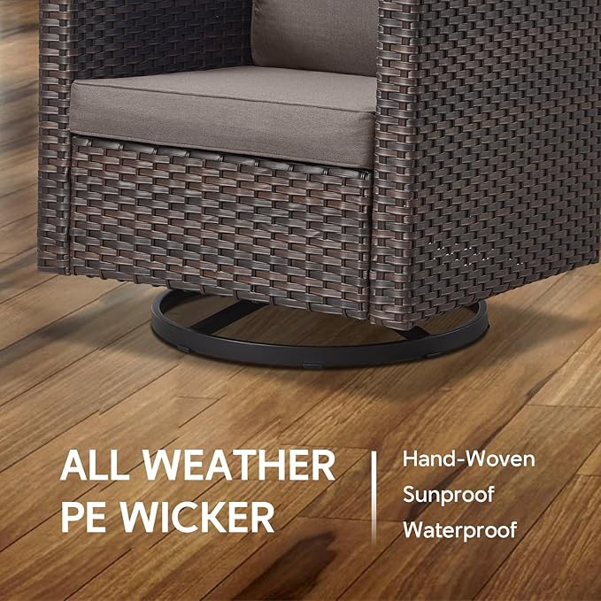 5 Piece Wicker Patio Furniture Set - Outdoor Swivel Rocker Chairs Set with 3 Seat Sofa and Ottomans, Small Patio Conversation Sets Proch Furniture for Balcony Deck - Brown/Grey