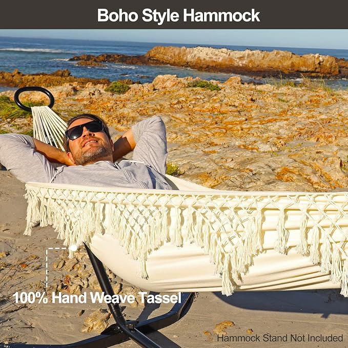 JoyView Boho Macrame Single Hammock with Hanging Ropes & Elegant Tassels 78.8x39.4 Portable Cotton Hammock for Patio Backyard Porch 300LBS Weight Capacity Perfect for Outdoor/Indoor - Beige Color - Image 2