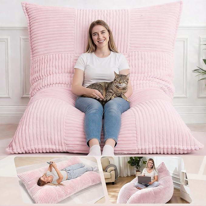 HOMRELEXA Giant Bean Bag Chair, 3-in-1 Convertible Bean Bag Floor Cushion with Washable Cover,Beanbag Chairs for Adult, Living Room, Bedroom, Pink