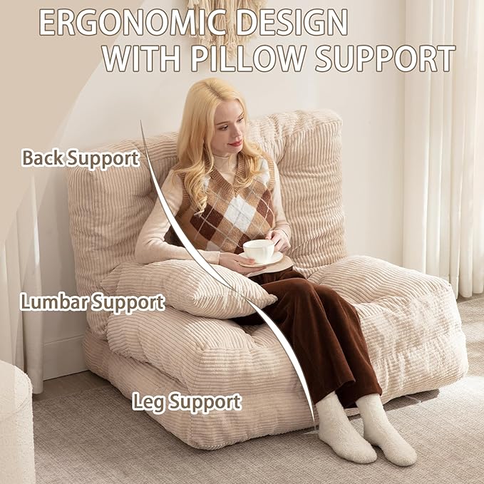 Folding Sofa Bed, Convertible Sleeper Chair with Pillow Foldable Mattress with Back Support, Portable Fold Out Chair Bed Comfy Floor Sofa Lounge for Living Room Bedroom, Beige Twin 80x39 Inch