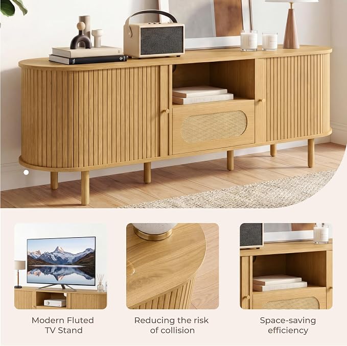 70'' Tambour TV Stand with Power Outlet for TVs up to 80 in,Mid-Century Modern TV Entertainment with 3 Cable Management Holes,Rattan Drawer & Fluted Sliding Doors,Media Console with Solid Wood Legs - Image 6