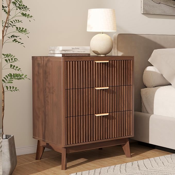 LYNCOHOME Fluted Nightstand with 3 Drawers, Modern Wood Chest of Bedside Table with Curved Profile, Fluted Dresser Organizer for Bedroom,Walnut by LYNCOHOME