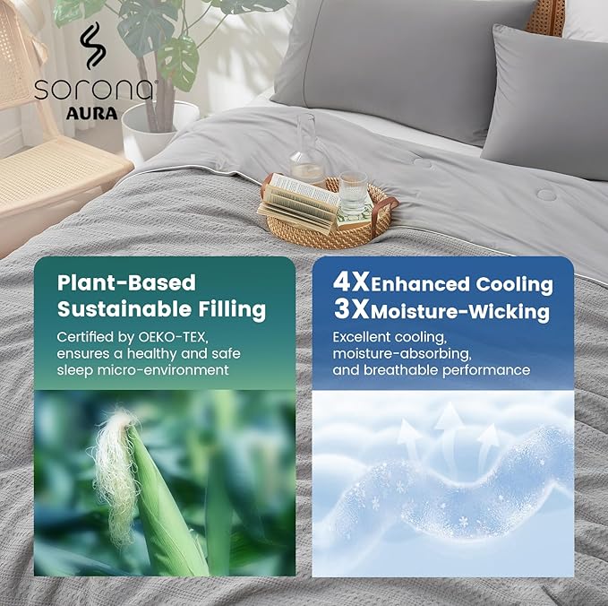 Amélie Home Waffle Cooling Comforter Queen Size, Q-Max 0.45 Reversible Lightweight Cooling Blanket for Hot Sleepers, Breathable Bedding for Night Sweats, 90"x90", Cool Gray