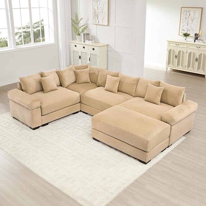 KEIKI 117" U-Shaped Oversized Corduroy Modular Cloud Sectional Sofa with 1 Ottoman, High-Density Foam Cushion, Extra-Thick Armrest, 4-Seater Fluffy Corner Couch with 14 Pillow, for Living Room, Camel