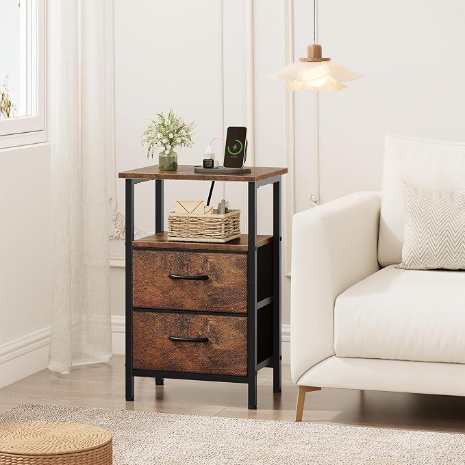 Vagusicc Nightstand Set of 2, Rustic Brown, with Charging Station and USB Ports, Bedside Table with 2 Fabric Drawers, 24.2" Tall Side Table with Storage Shelf,Small Night Stand for Bedroom/Living Room - Image 2