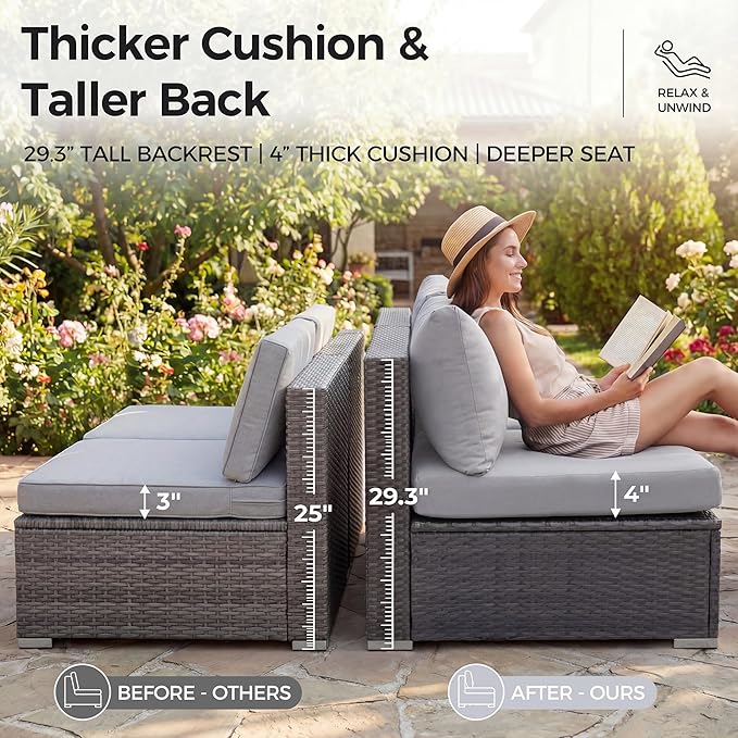 NICESOUL 9 Piece Patio Set with Firepits Natural Gas/Propane, 29.3'' High Back Comfortable L Shape Outdoor Conversations, XL Large Size Deep Seated Wicker Sectional Sofa Furniture Set, Gray