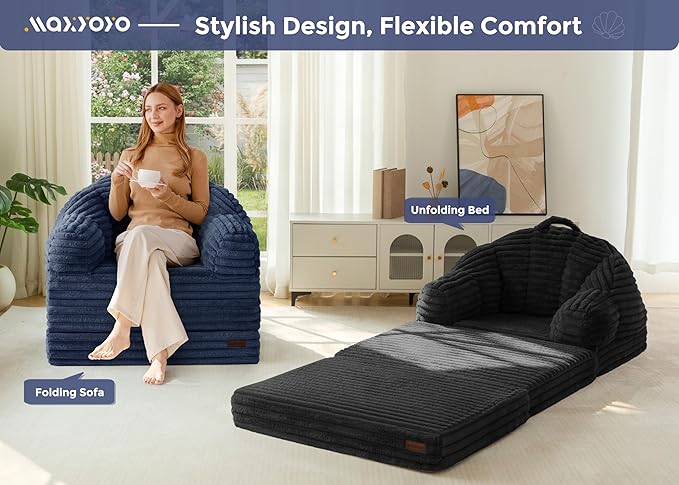 MAXYOYO Folding Sofa Bed, 2 in 1 Convertible Sofa to Lounger Comfy Faux Fur Bean Bag Chair for Adults, Floor Single Sleeper Couch Chair with Handle, Couch Bed for Living Room Bedroom, Black