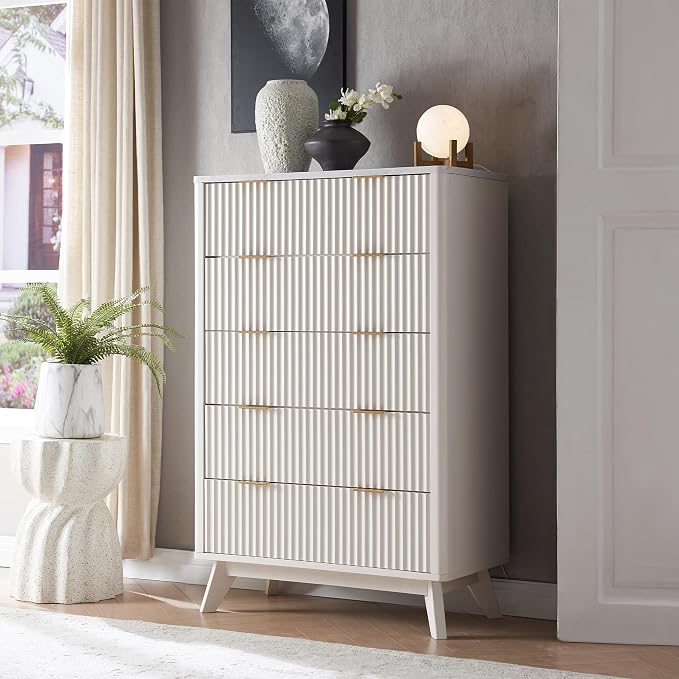 T4TREAM Fluted 5 Drawers Dresser, 48" Tall Modern Chest of Drawers with Faux Marble Top, Curved Profile Design, Wood Drawer Organizer for Bedroom, Living Room, Hallway, Entryway, Solid White by T4TREAMFurniture