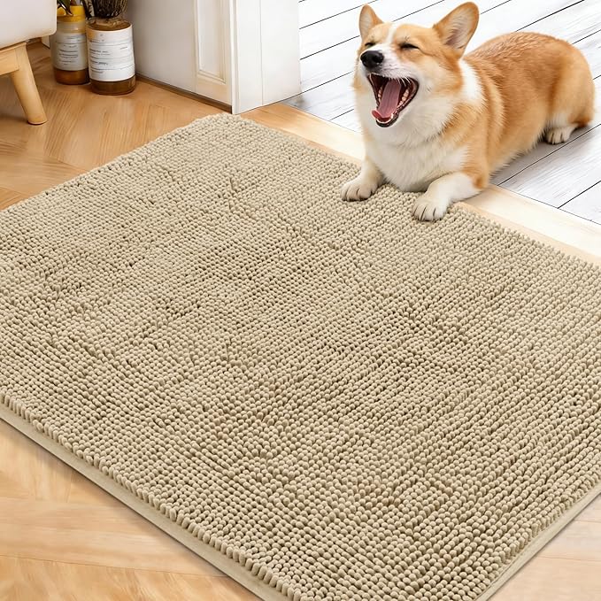 OLANLY Dog Door Mat for Muddy Paws 40x32, Absorbs Moisture and Dirt, Absorbent Non-Slip Washable Doormat, Quick Dry Chenille Mud Mat for Dogs, Entry Indoor Entryway Carpet for Inside Floor, Beige by OLANLY