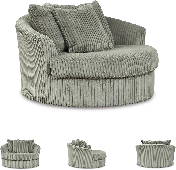 Signature Design by Ashley Lindyn Contemporary Oversized Accent Chair with 360-Degree Swivel, Feather Blend Throw Pillows, Corded Fabric, Gray