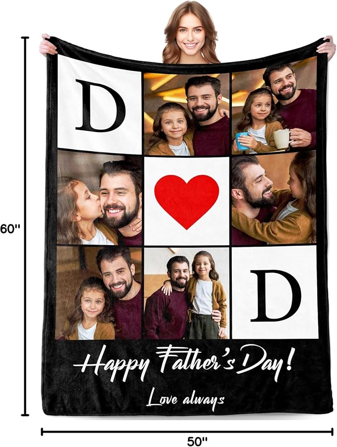 Personalized Fathers Day Birthday Gifts from Daughter Son Kids Wife, Customized Father's Day Blanket, Custom Photo Blanket with Pictures Text, Best Dad Ever Christmas Ideas Gifts for Dad Husband Man