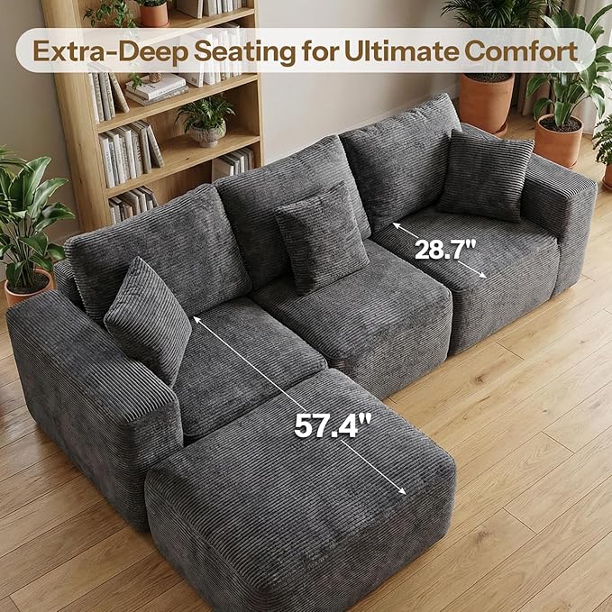 Life Balance Modular Sectional Sofa for Living Room, 106 Inch L-Shape 4-Seat Couches with Chaise, Modular Design Easy to Assemble, Cloud Soft Fabric, Grey(Sherpa Fabric)