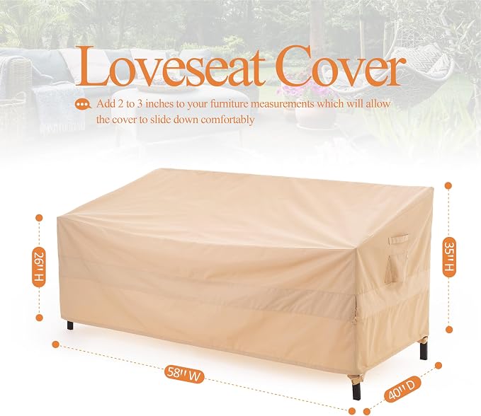 WJ-X3 2-Seater Loveseat Cover, Waterproof, UV-Resistant & Windproof, 58" x 40" x 35", Beige - Image 7
