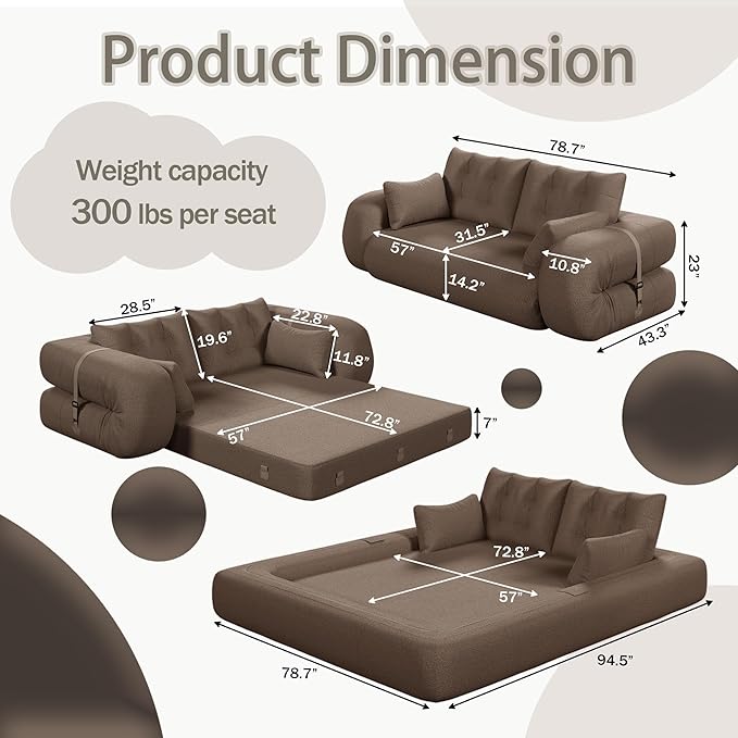 78.7" Convertible Sofa Bed, 3-in-1 Folding Floor Couch with 4 Pillows, Sleeper Sofa for Living Room and Guest Bed, No Assembly Required (Brown, Teddy Fabric)