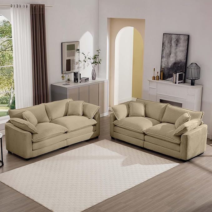 KEIKI 2-Piece Sofa Set with 2 Oversized Corduroy Loveseat Sofa, Upholstered Modern 4-Seater Corner Couch Set with 8 Pillow, High-Density Foam Cushions, Removable Armrests, for Living Room, Tan
