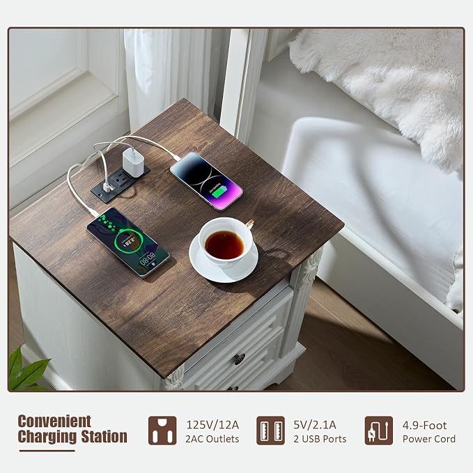 BOSHIRO Farmhouse Nightstand wtih Charging Station, 20" End Table with 2 Drawers, Night Stand Side Table Storage Cabinet with Carved Pilasters for Bedroom, Wood Rustic, Antique White - Image 3